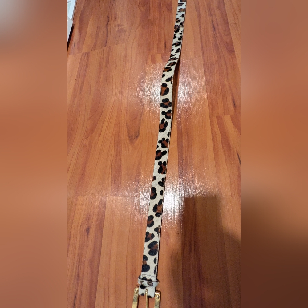 Michael Kors Leopard Print Furry Real Leather Belt with Gold Buckle - Medium
